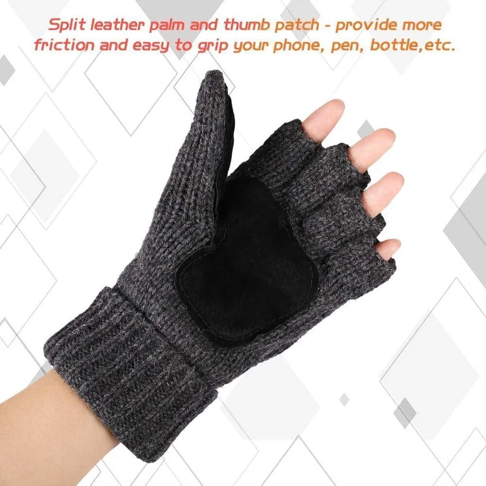 Women's Grey Winter Warm Thermal Insulation Fingerless Texting Wool Gloves
